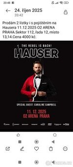 Dvě vstupenky na Hausera 11.122025 O2 ARENA PRAHA