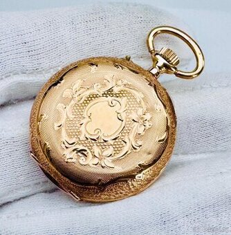 14K ZLATÉ GRAVÍROVANÉ KAPESNÍ HODINKY V TOP STAVU - FUNKČNÍ