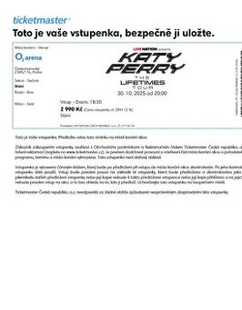 Vstupenka na koncert Katy Perry v Praze- The lifetimes tour