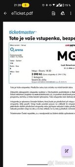 2 vstupenky na MGK, sezení do uličky