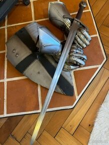 Gotický meč,štít,rukavice-historický šerm/dekorace