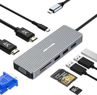 USB-C hub, duální 4K dokovací stanice 9 v 1