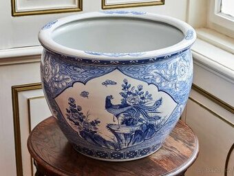 Čínský ručně malovaný porcelánový květináč – kobaltová modř