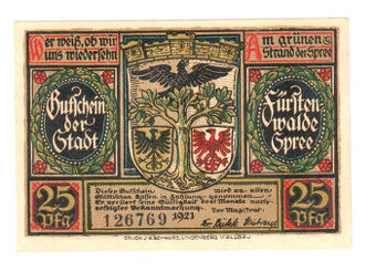 Nouzová bankovka Fürstenwalde Spree 25 PF 1921 - 1