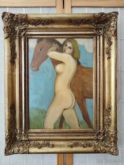 obraz DÍVKA S KONĚM, akt, olej, Oskar Brázda