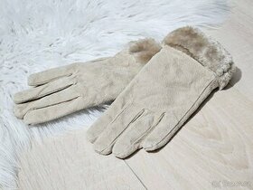kožené béžové rukavice s kožíškem M/L