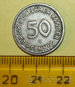 RRR - Mince Německo 50 pfennig 1950 G- Bank Deutscher lander