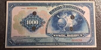 1000 Kč 1932 Specimen a 4 skart.otvory - Krásná 