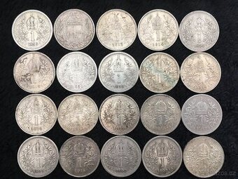 20 kusů stříbrných 1 korun z dob Rakouska Uherska