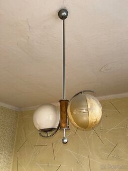 Retro lustr Brusel – dřevo, chrom, sklo – 60./70. léta