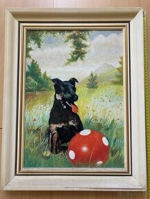 Olejomalba – Štěně s míčem v květinové louce