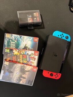 Nintendo Switch OLED Neon Blue + 3 hry - záruka