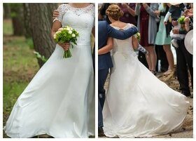 Krajkové svatební šaty s rukávky, Allen Rich,36-38, výška po