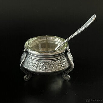 Retro solnička a lžička, alpaka a sklo, Rusko