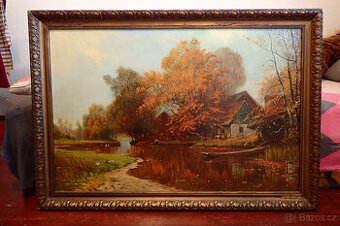 Jos. Franze - Podzim u řeky - 1928 -aukční Obraz