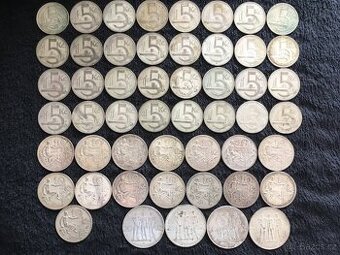 51 kusů stříbrných 5, 10 a 20 Kč, mince ČSR První Republika