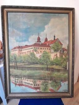 Starý obraz olej Třebíč velký Bazilika sv Prokopa pohlednice