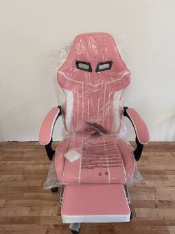 Herní / kancelářská židle růžovo-bílá s podnožkou a masážním