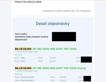 2 Lístku na zítřejší koncert Billie Eilish v Praze O2 Aréna.