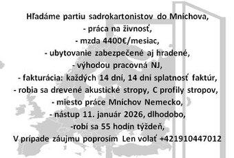 Hľadáme partiu sadrokartonistov do Mníchová
