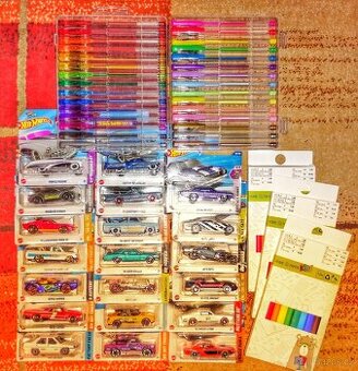 20x hot wheels autíčka, pastelky, gelová pera