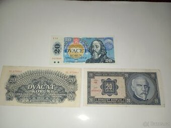 BANKOVKY 20 KČS 1927-1988, 3 RŮZNÉ EMISE, PĚKNÉ STAVY