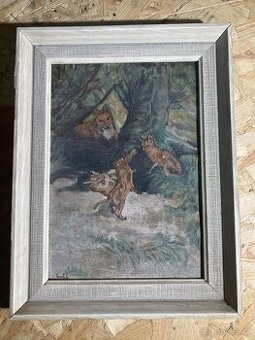 Obraz olejomalba – Lišky v lese, Tomeš L., pěkný rám