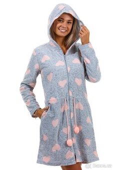 Šedo - růžový srdíčkový dámský teploučký župan na zip vel:XL