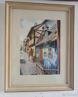 Zlatá ulička akvarel ruční malba