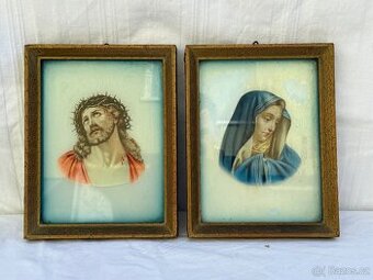 2x starožitný obraz Ježíš a Marie litografie na skle