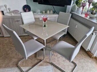 Stůl skleněný 80x80 cm a 4 židle z umělé kůže, TOP
