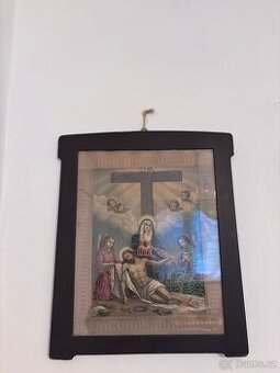Starožitný obraz Ježíše a Marie s vyšívanými prvky