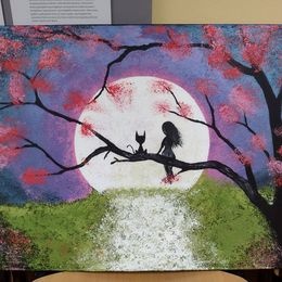 Obraz ručně malovaný, akrylové barvy-Dívka a kočka - 1