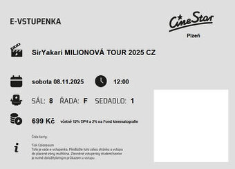 Vstupenka SirYakari MILIONOVÁ TOUR 2025 Plzeň 8.11.