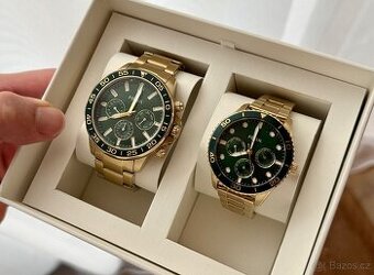 FOSSIL Bannon Chronograf Zlaté,zelený ciferník,set MEN/WOMEN