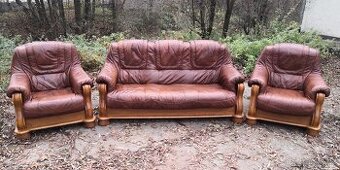 Kožená sedací souprava 3+1+1 s masivním dřevem