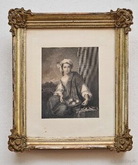 Grafika „Květinářka” z 19. století v krásném rámu