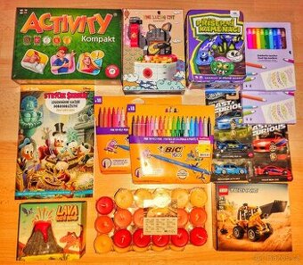Lego, hry, stavebnice, fixy, autíčka hot wheels, svíčky