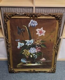 Starý obraz olej na plátně ve starém dřevěném rámu 72x61 cm.
