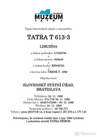 Tatra 613-3, testace, výpis muzea, ev. Karta vozu - 1