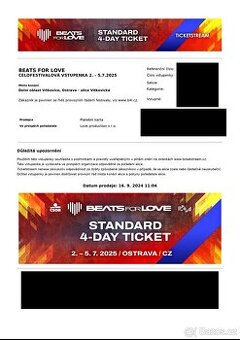 4 Vstupenky na Beats For Love Festival 2.7. - 5.7. 2025
