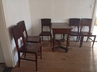 Starožitný stůl + 5 židlí, 2 stoličky