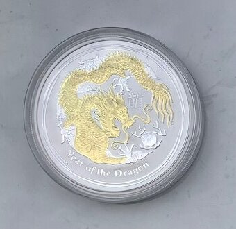 stříbrná investiční mince 1 OZ Rok Draka 2012 pozlacena