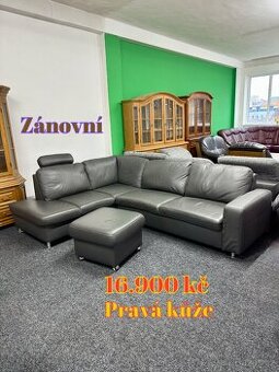 Rohová sedací souprava s taburetem, kožená