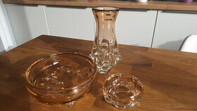 Hutní sklo set: váza, miska, popelník