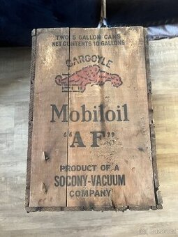Mobiloil plechovka dřevěná bedna na olej 1930