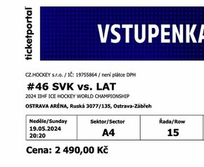 Vstupenky hokej - Slovensko - Lotyšsko - 4 ks