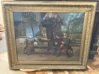 Starý obraz v bohatě zdobeném rámu – scéna z parku