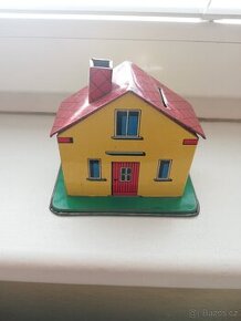 retro dětská plechová pokladnička - dům - pro sběratele