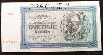 ČESKOSLOVENSKÉ BANKOVKY: VZÁCNA 2000-KORÚN-1945 Perf.